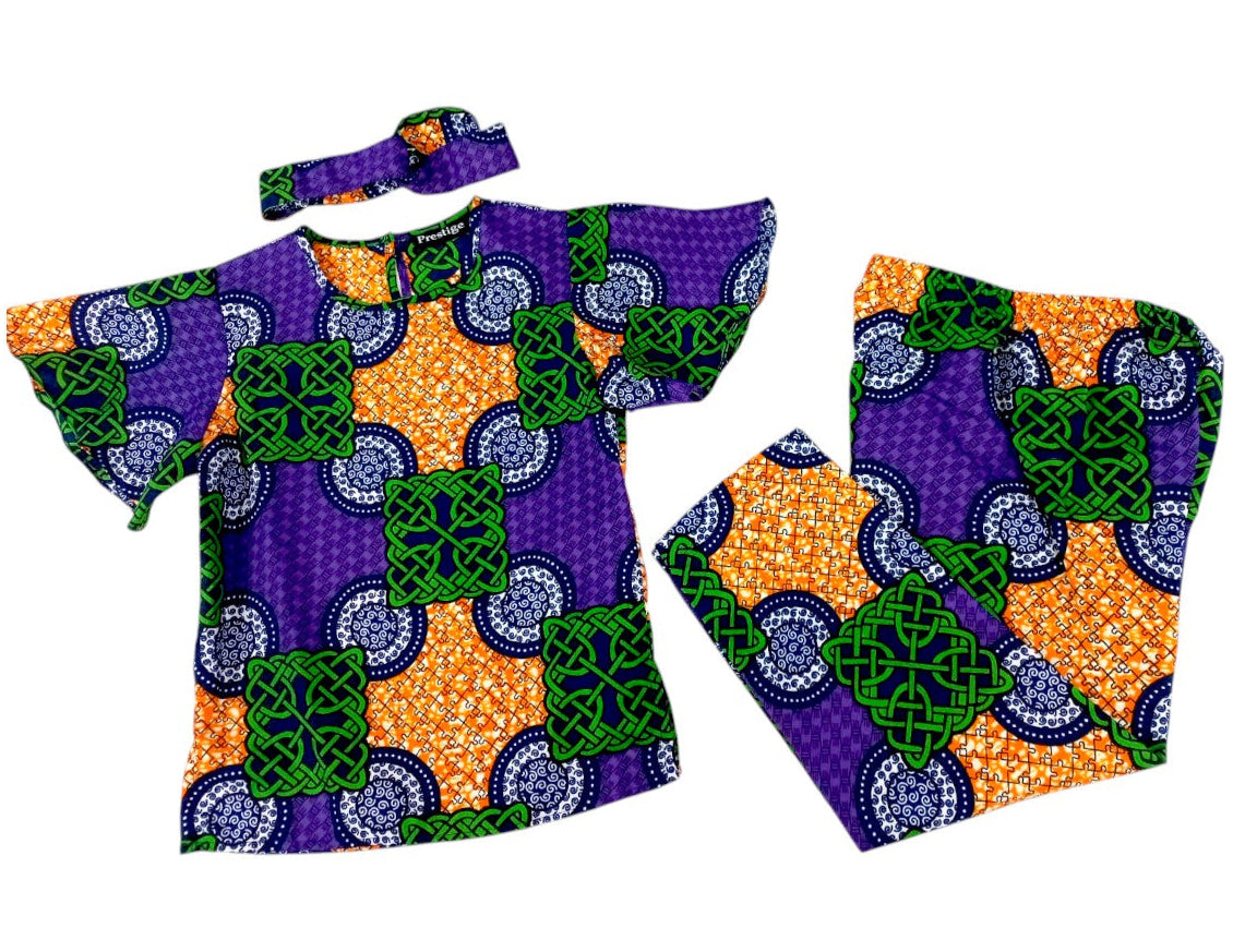 Conjunto Niña Morado-Verde-Naranja ( Etnia Negra)