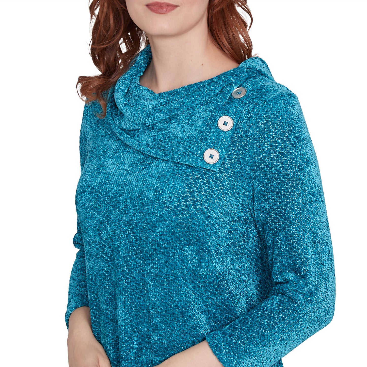Split Cowl Neck Chenille Shine Knit Top Jade - Ruby Rd