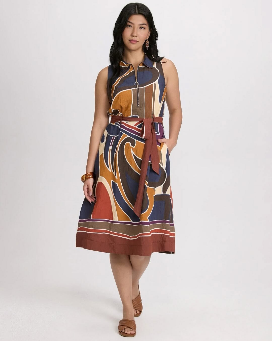 Sleeveless Zip-Front Geo Printed Dress