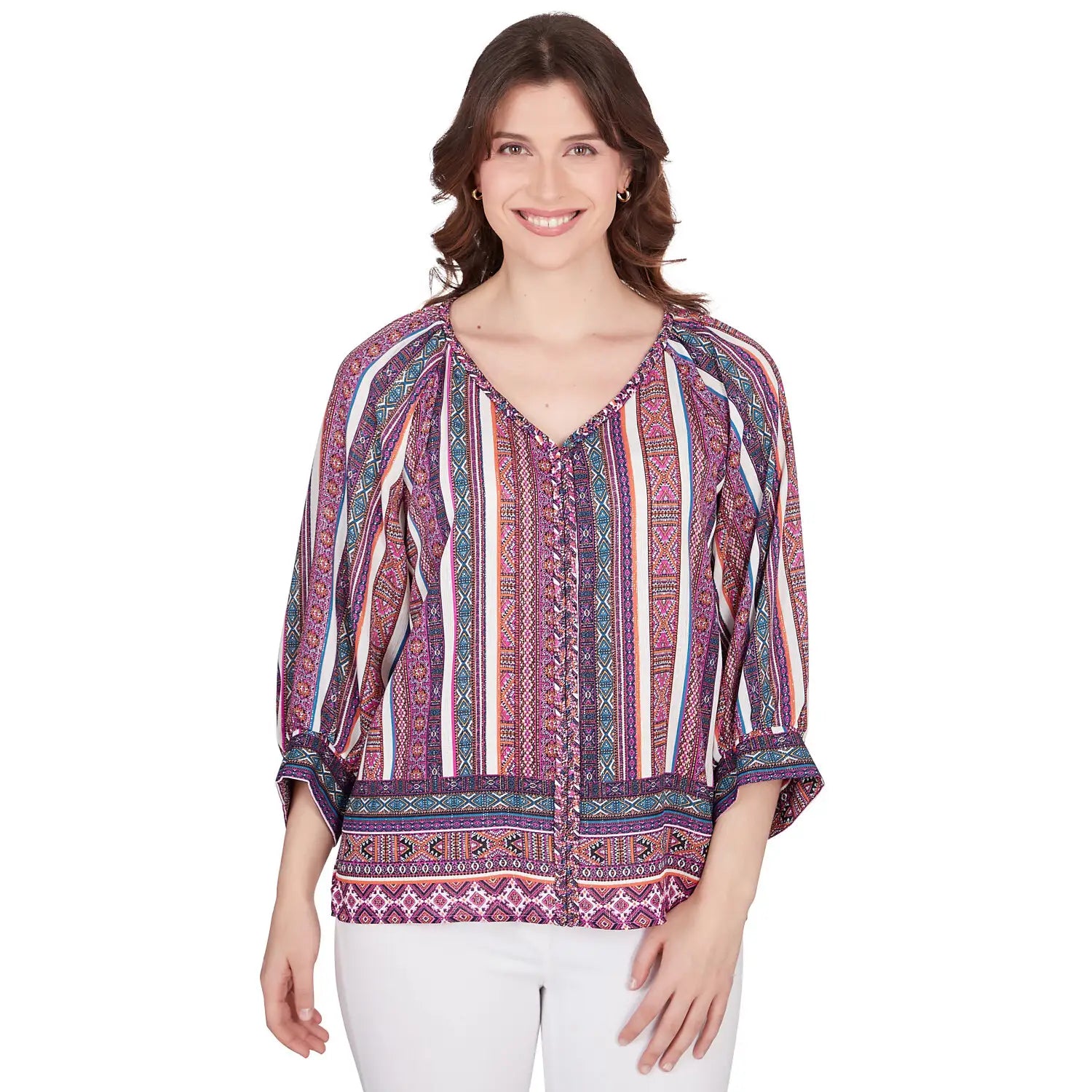 Metallic Stripe Print Crinkled Blouse Dahlia Multi- Ruby Rd