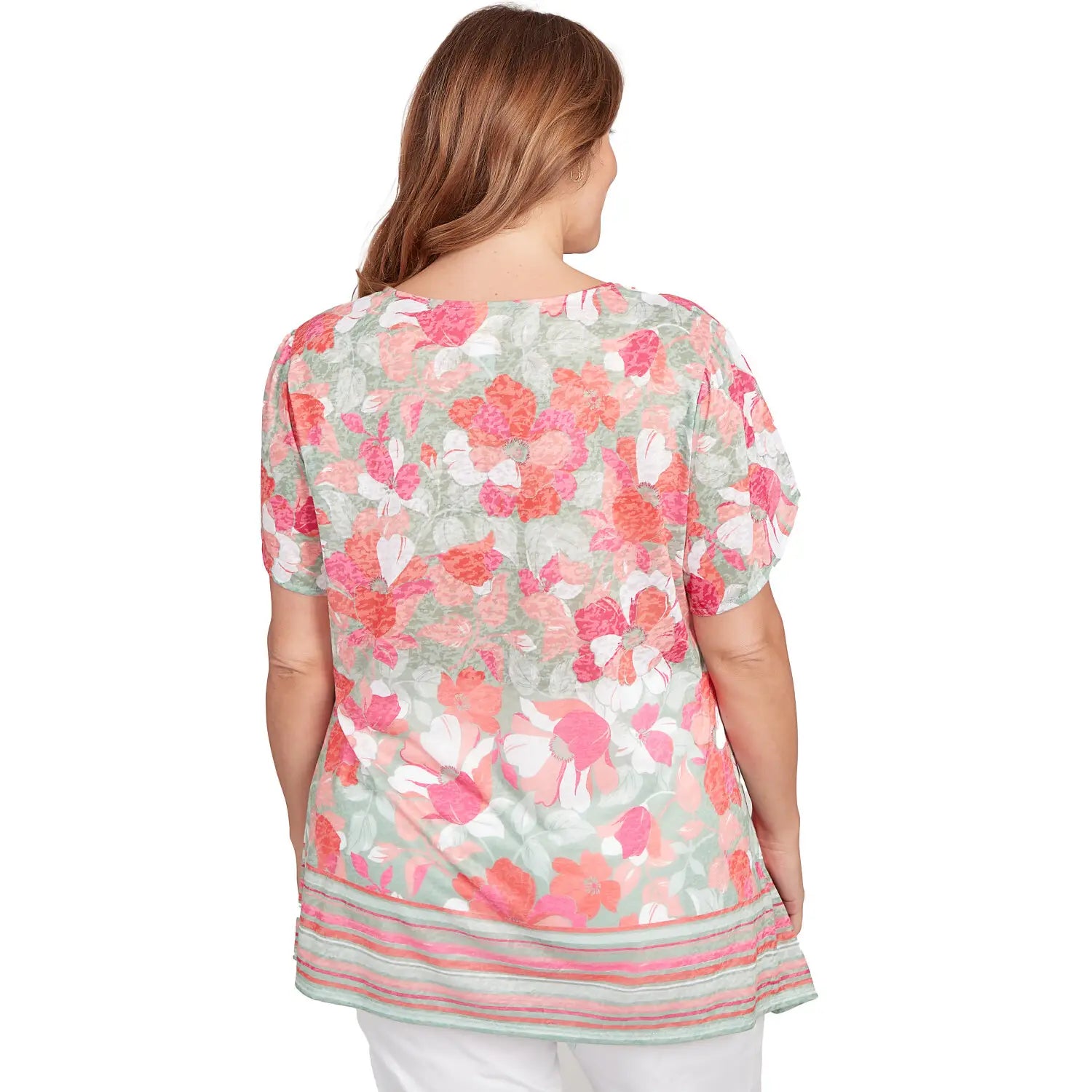 Plus Floral Striped Border Flutter Sleeve Tee Bayleaf Multi - Ruby Rd