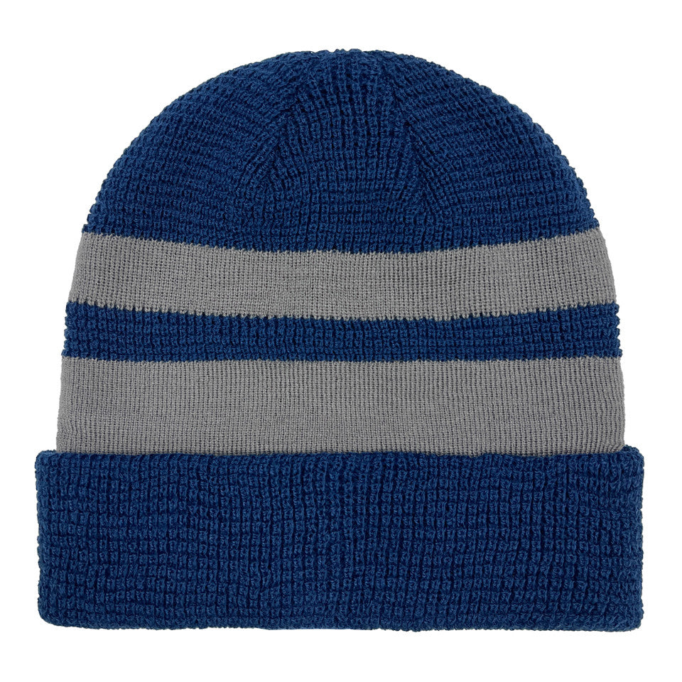 WAFFLE KNIT STRIPED CUFF HAT BLUE