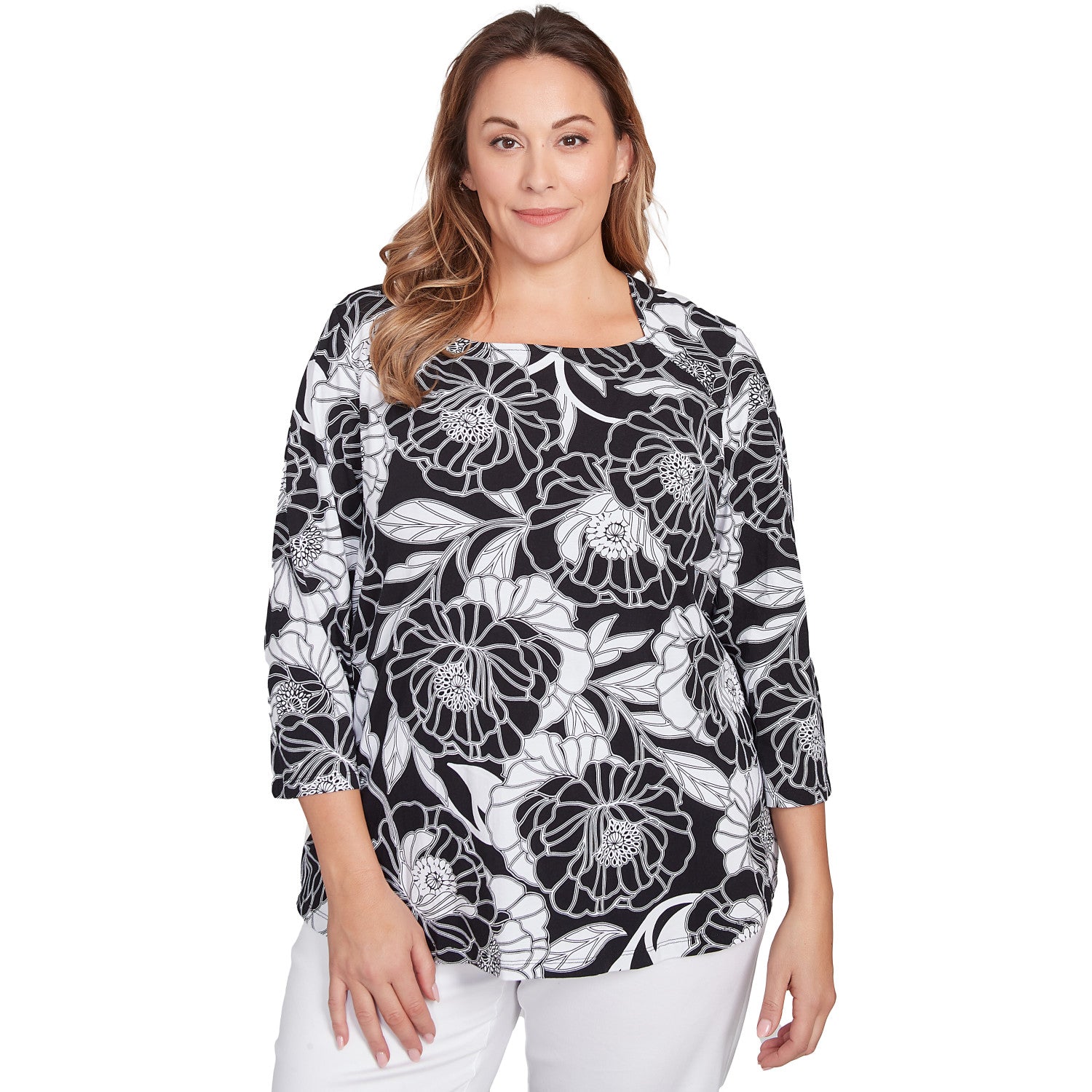 Plus Bold Poppies Envelope Neck Top Black Multi - Ruby Rd
