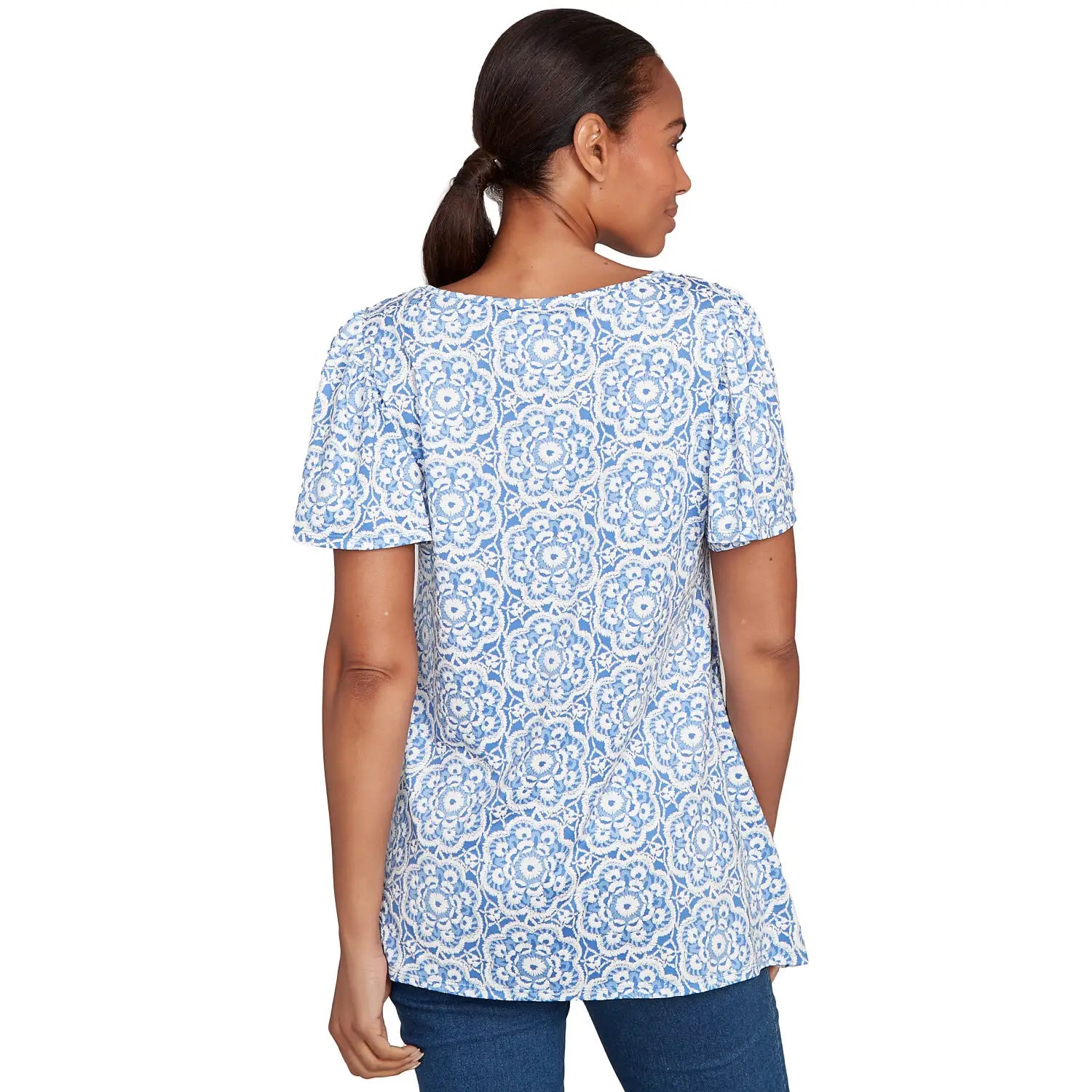 Beaded Macrame Puff Print Tee Blue Sky Multi - Ruby Rd