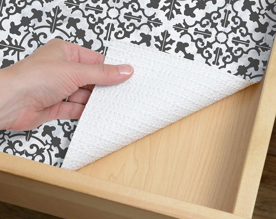 Grip Prints Non-Adhesive Shelf Liner, Carrara Tile Charcoal 12 in x 8ft