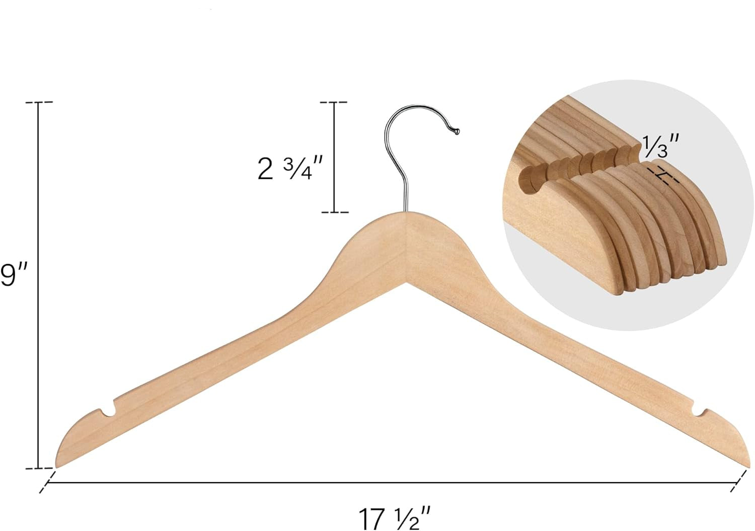 Glossy Natural/Chrome - S/10 Wood Shirt Hanger