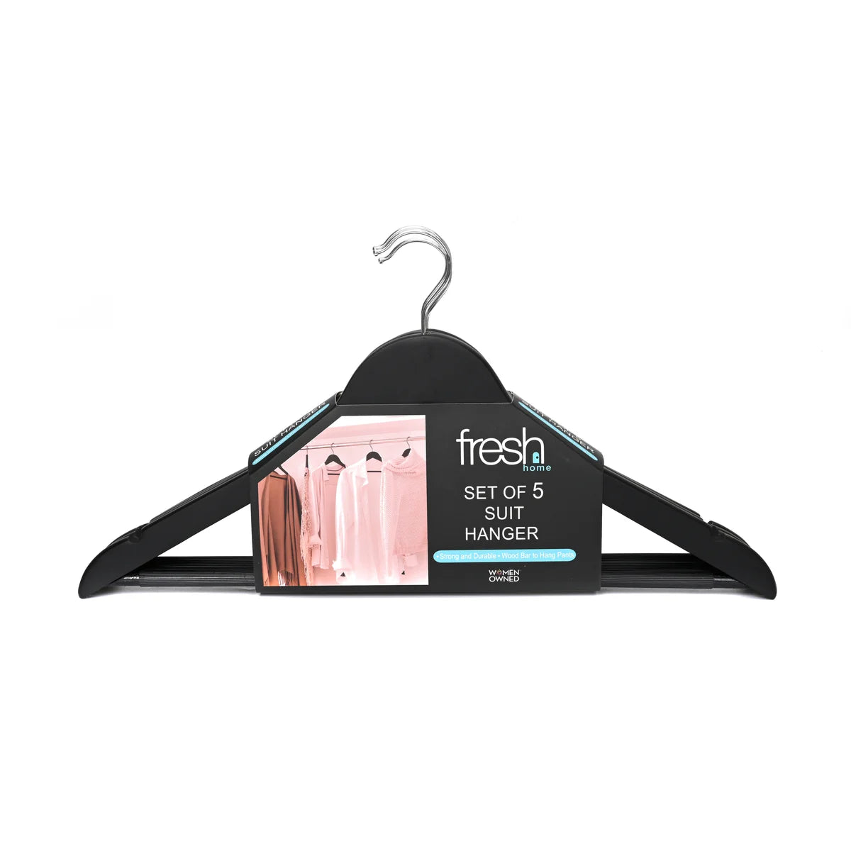 Matte Black/Chrome - S/5 Wood Suit Hanger w/ Bar