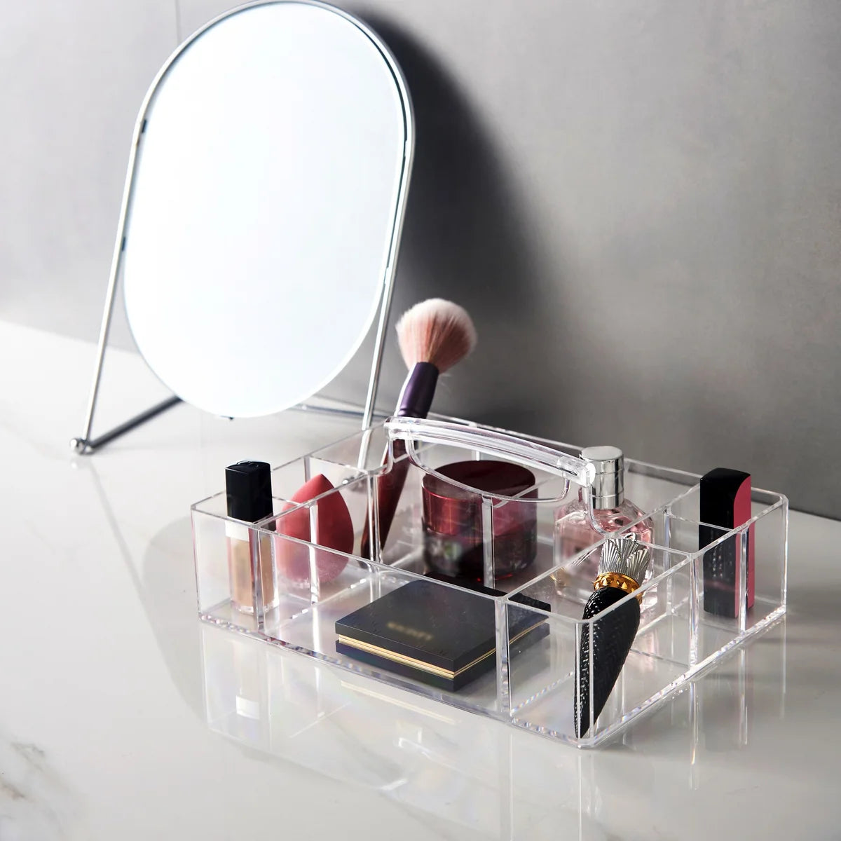 Clear - 9 Compartment Cosmetic Tray with Handle