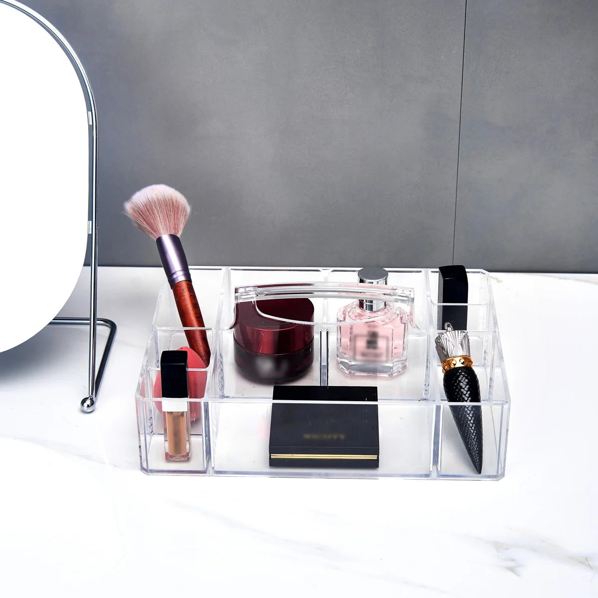 Clear - 9 Compartment Cosmetic Tray with Handle