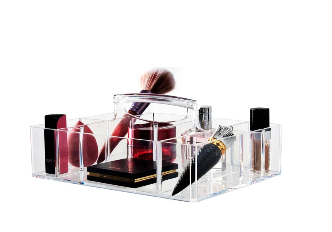 Clear - 9 Compartment Cosmetic Tray with Handle