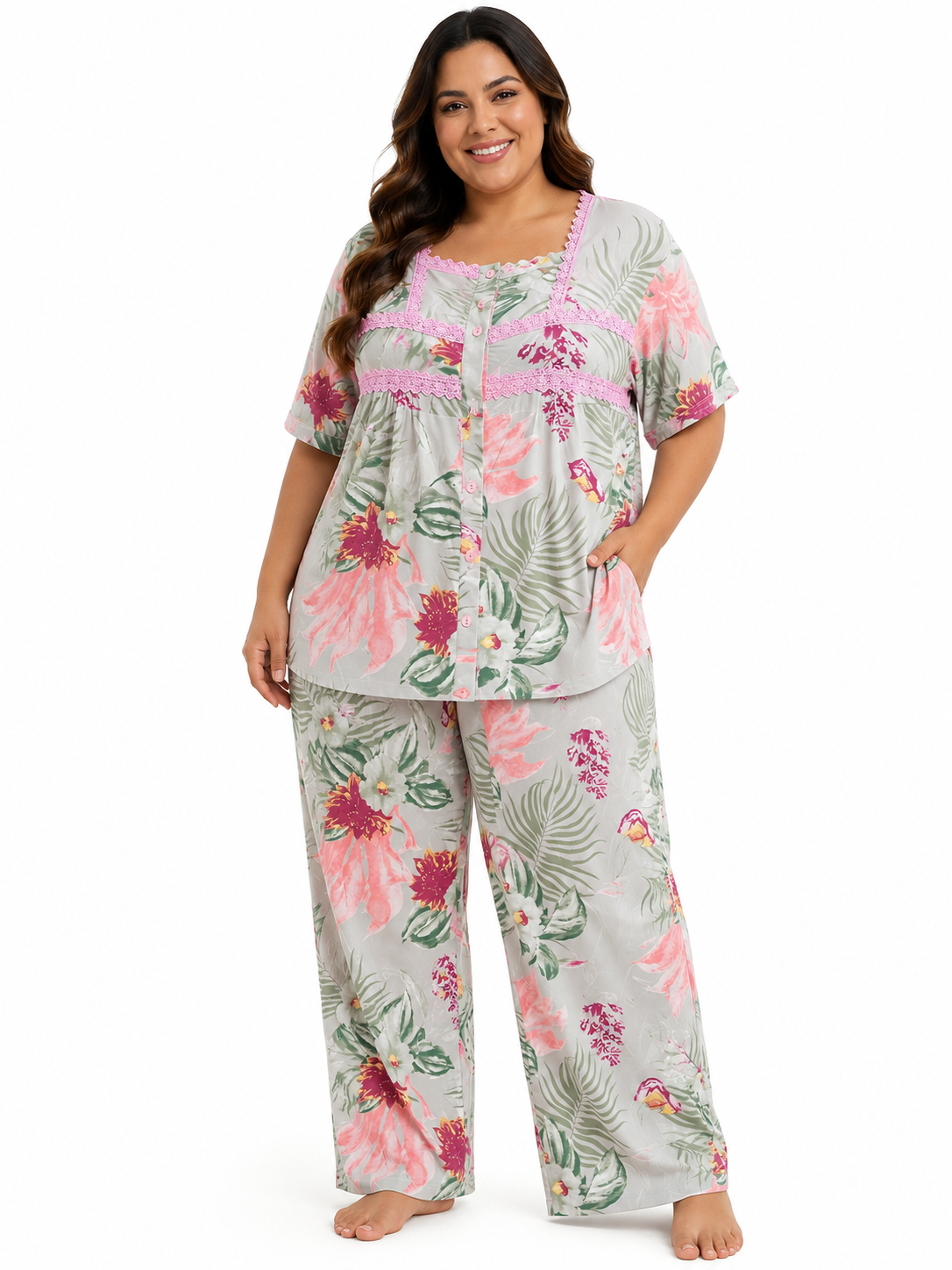 Plus 2PC Top / Capri Pj Set w/Crochet Trim Floral Pink