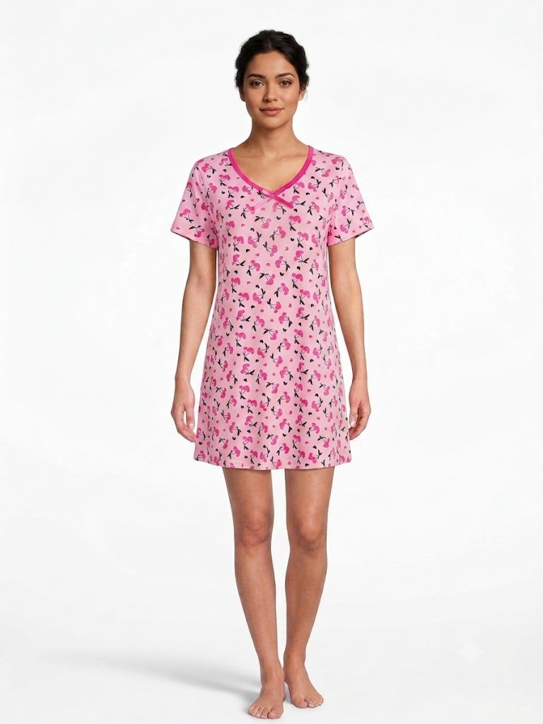 Ladies V-Neck Nightgown PINK CHERRIES