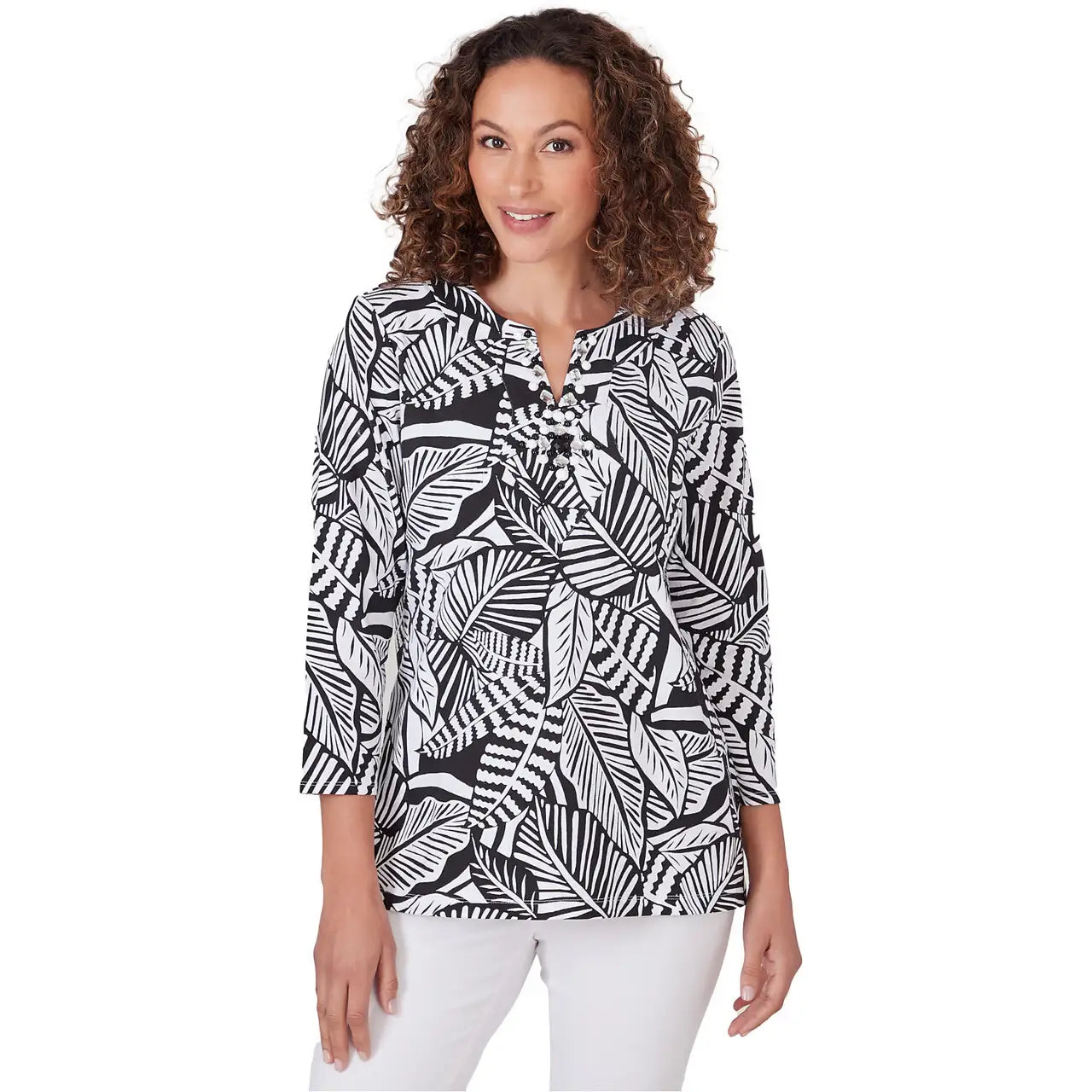 Tropical Leaf Print Top Black/White - Ruby Rd