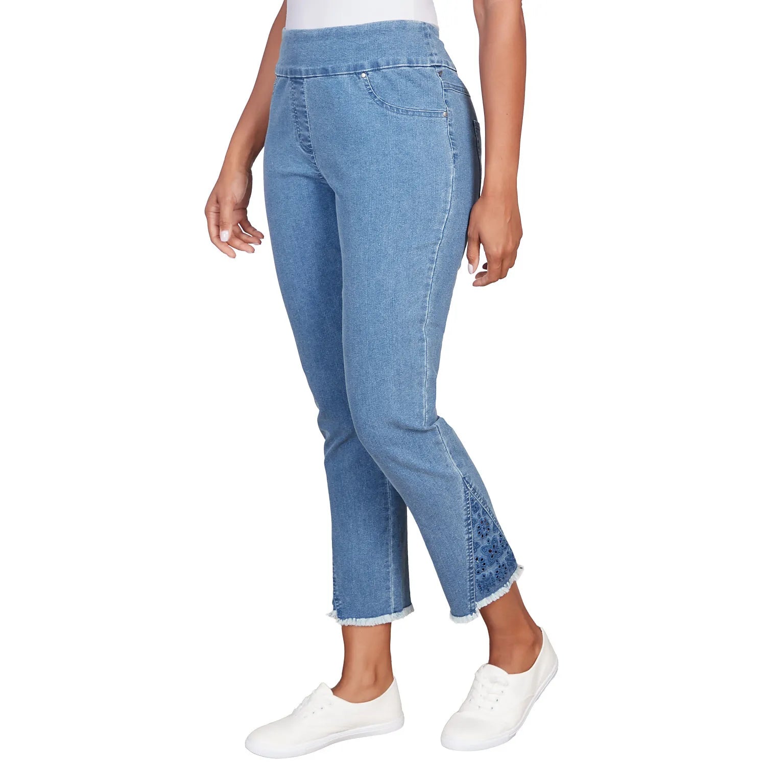 Embroidered Ankle Pull On Stretch Denim Jeanst- Ruby Rd