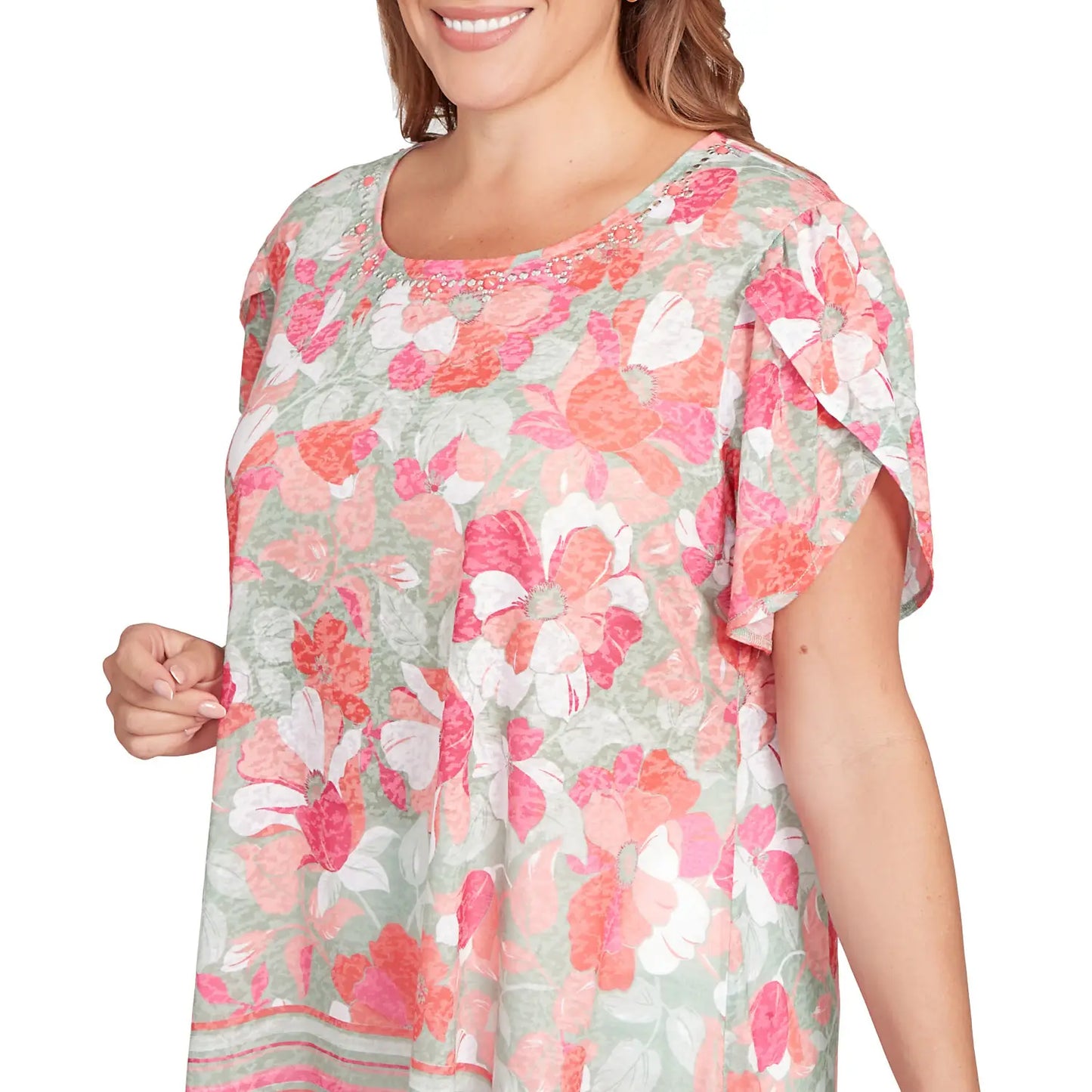 Plus Floral Striped Border Flutter Sleeve Tee Bayleaf Multi - Ruby Rd