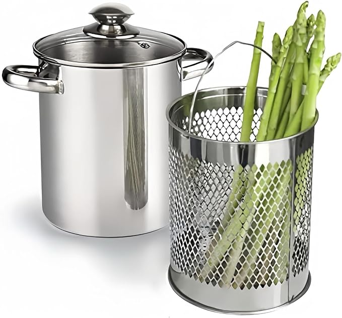 Olla de espárragos de acero inoxidable con cesta y tapa pasta 6.3 in 4L