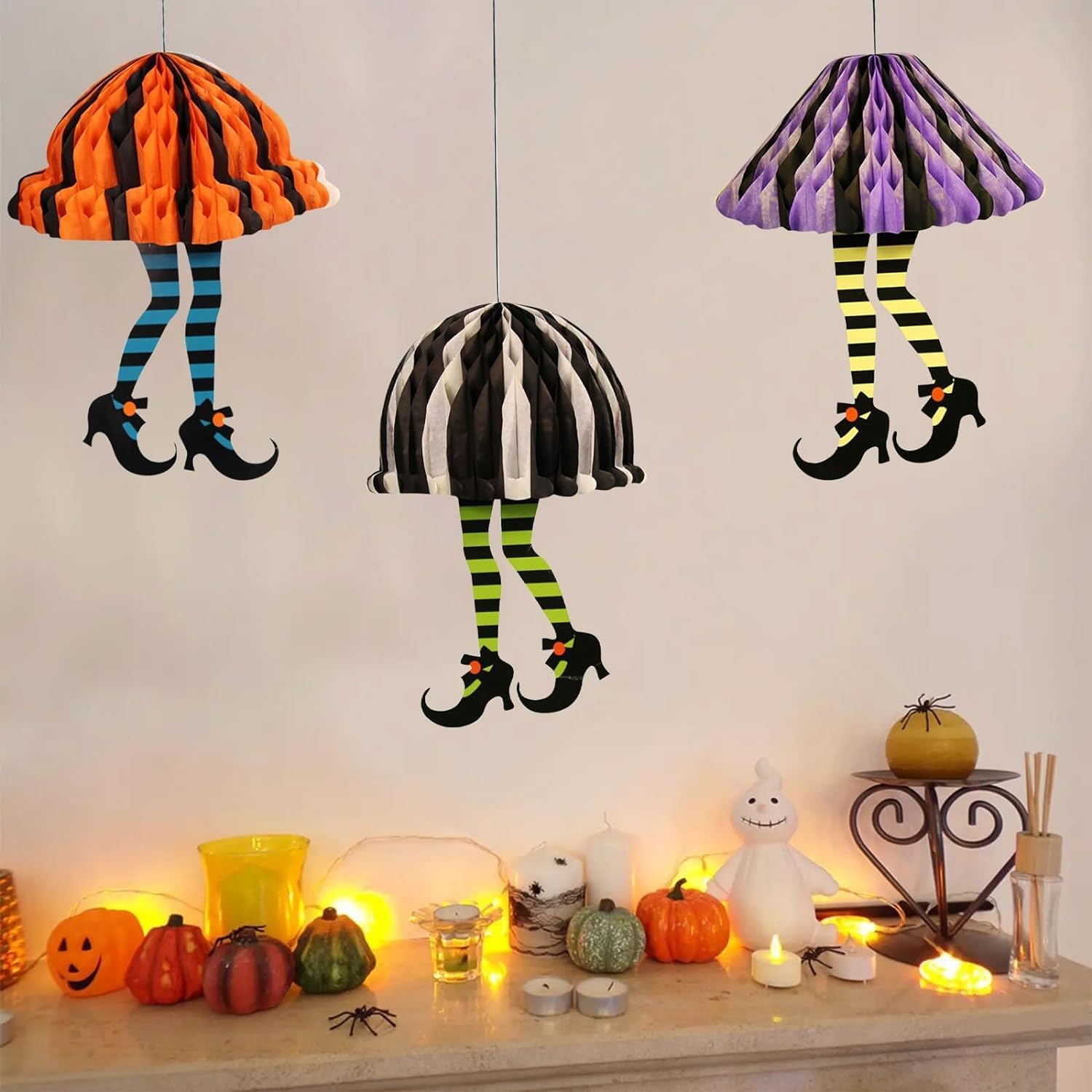 3 Piece Fold Up Honeycomb Paper Hanging Witch Legs Halloween Party Decorations
