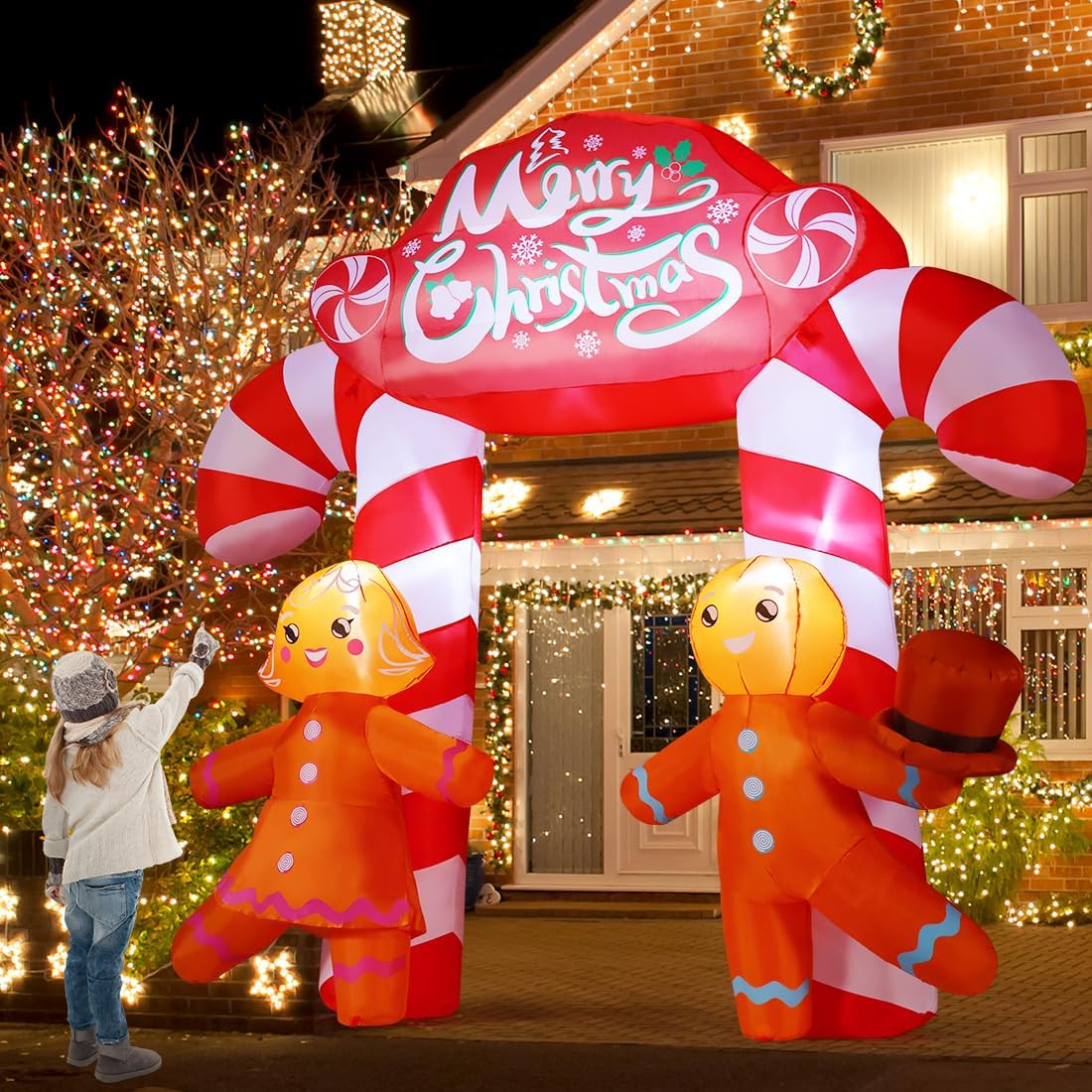 9.6 FT Christmas Inflatables Blow Up Yard Cute Candy Cane Archway with Couple Gingerbread with Built-in LEDs