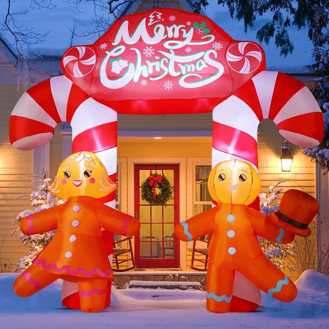 9.6 FT Christmas Inflatables Blow Up Yard Cute Candy Cane Archway with Couple Gingerbread with Built-in LEDs