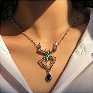 Silver Spider Necklace with Green & Black Gems