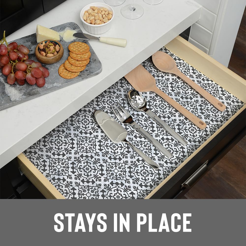 Grip Prints Non-Adhesive Shelf Liner, Carrara Tile Charcoal 12 in x 8ft