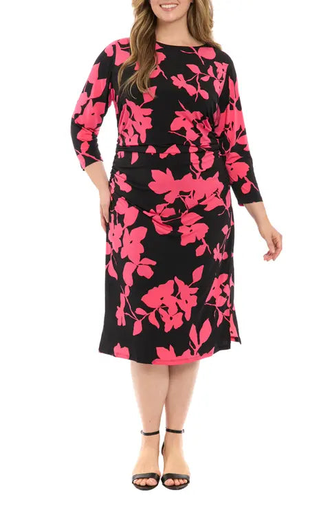 Elegant Ruched Midi Dress Black- Berry (Plus Size) - London Times