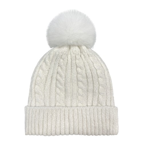 Satin Chenille Hat with Faux Fur Pom in 4 colors