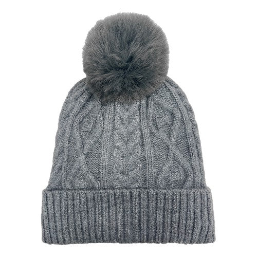 CABLE ACRYLIC HAT WITH FAUX FUR POM DARK GREY