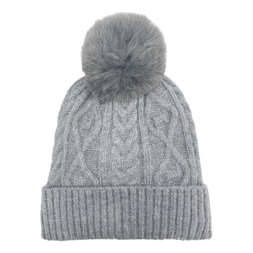 CABLE ACRYLIC HAT WITH FAUX FUR POM LIGHT GREY