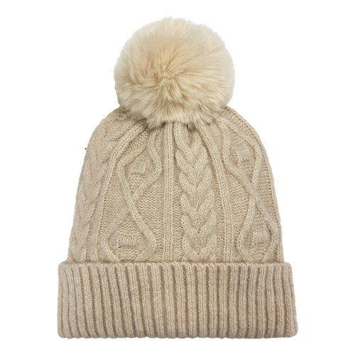 CABLE ACRYLIC HAT WITH FAUX FUR POM TAN