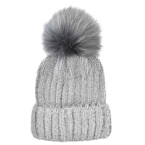 RIBBED CUFF HAT, FAUX FUR POM GREY