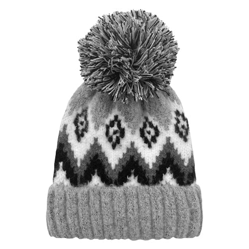 BOUCLE KNIT CUFF HAT WITH POM GREY