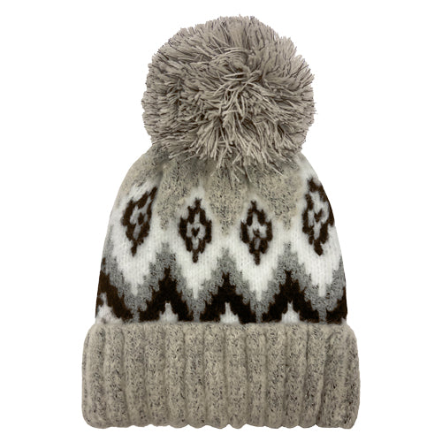 BOUCLE KNIT CUFF HAT WITH POM TAN