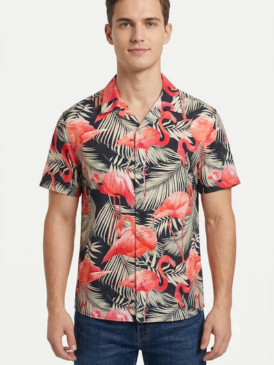Poly Print Hawaiian Shirts FLAMINGO