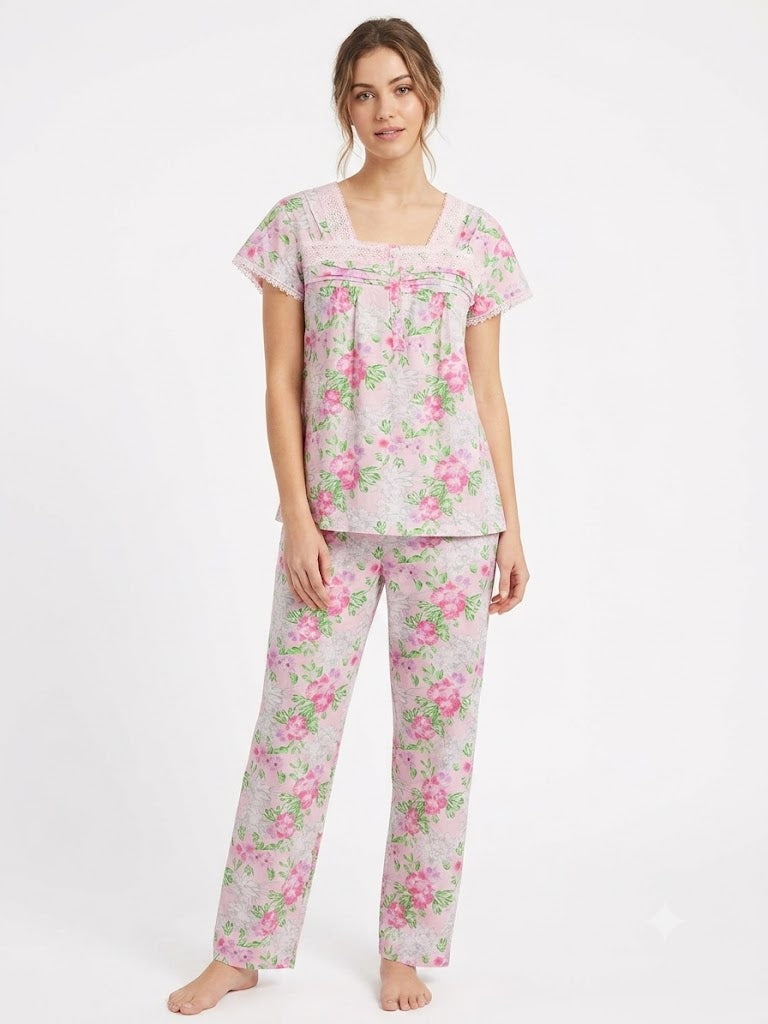 Ladies 2pc Top / Capri Pj Set w/Lace , Floral Pink
