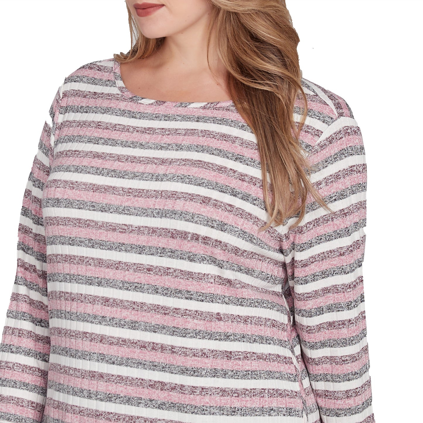 Plus Boat Neck Marled Striped Rib Knit Top Pomegranate -Ruby Rd