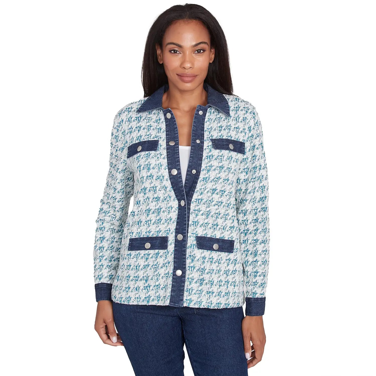 Houndstooth Boucle Knit Jacket Jade Multi - Ruby Rd