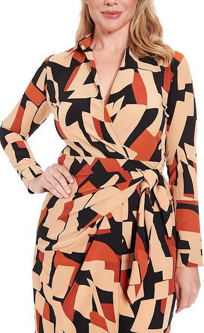 Faux Wrap Side Tie LS Midi Dress Black / Caramel
