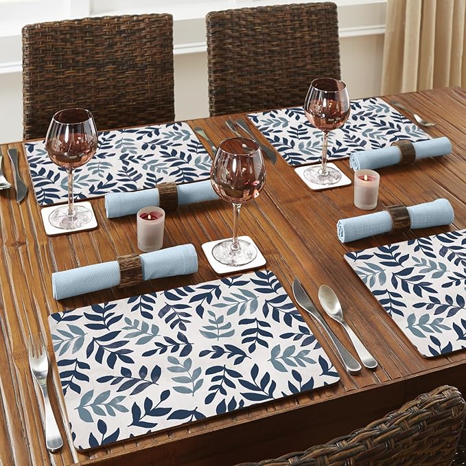 Meadow Blue Leaf Floral Hardboard Cork-Back Placemat Set of 4