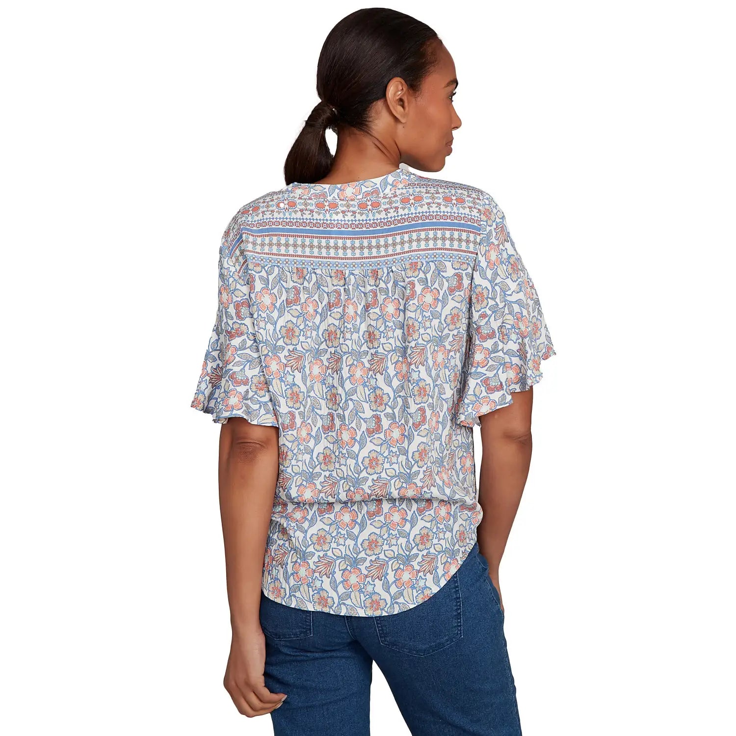 Vintage Floral Tie Front Henley Tee Blueberry - Ruby Rd