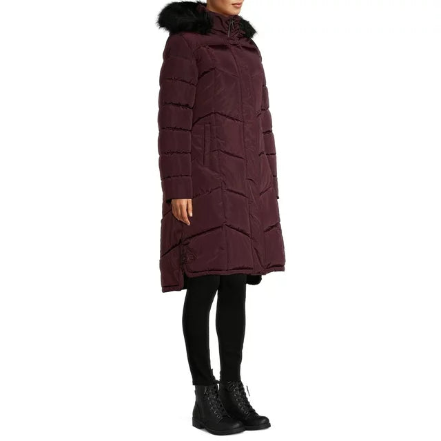 Chevron Quilted Maxi Coat with Faux Fur Hood Figc