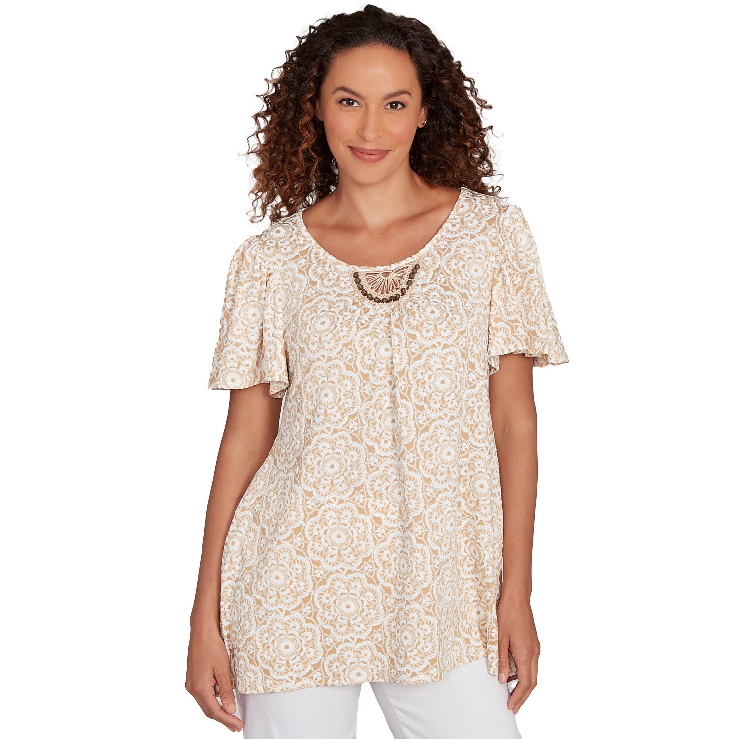 Beaded Macrame Puff Print Tee Jute Multi - Ruby Rd