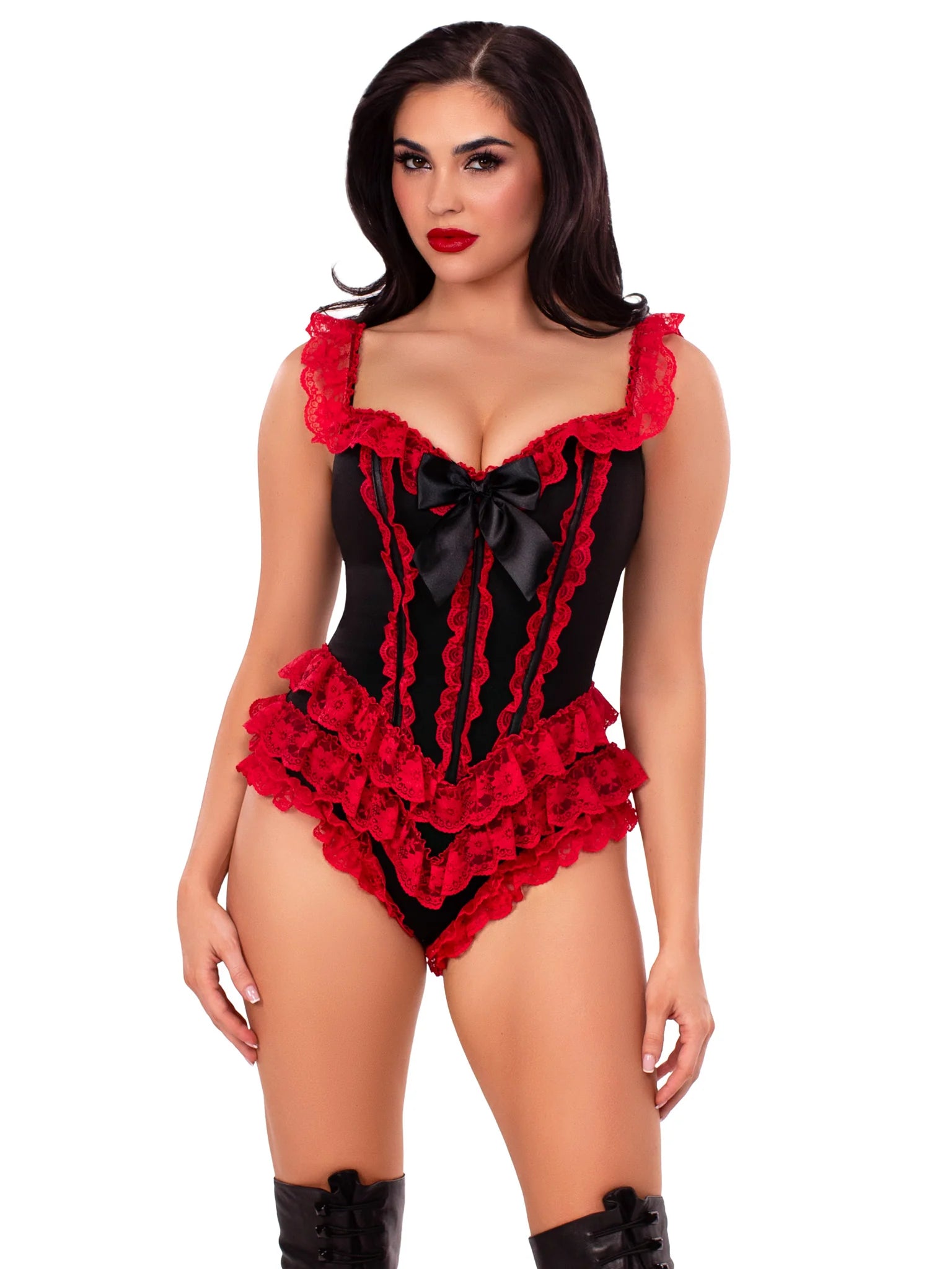 Ruffle Bodysuit with Boning Black-Red