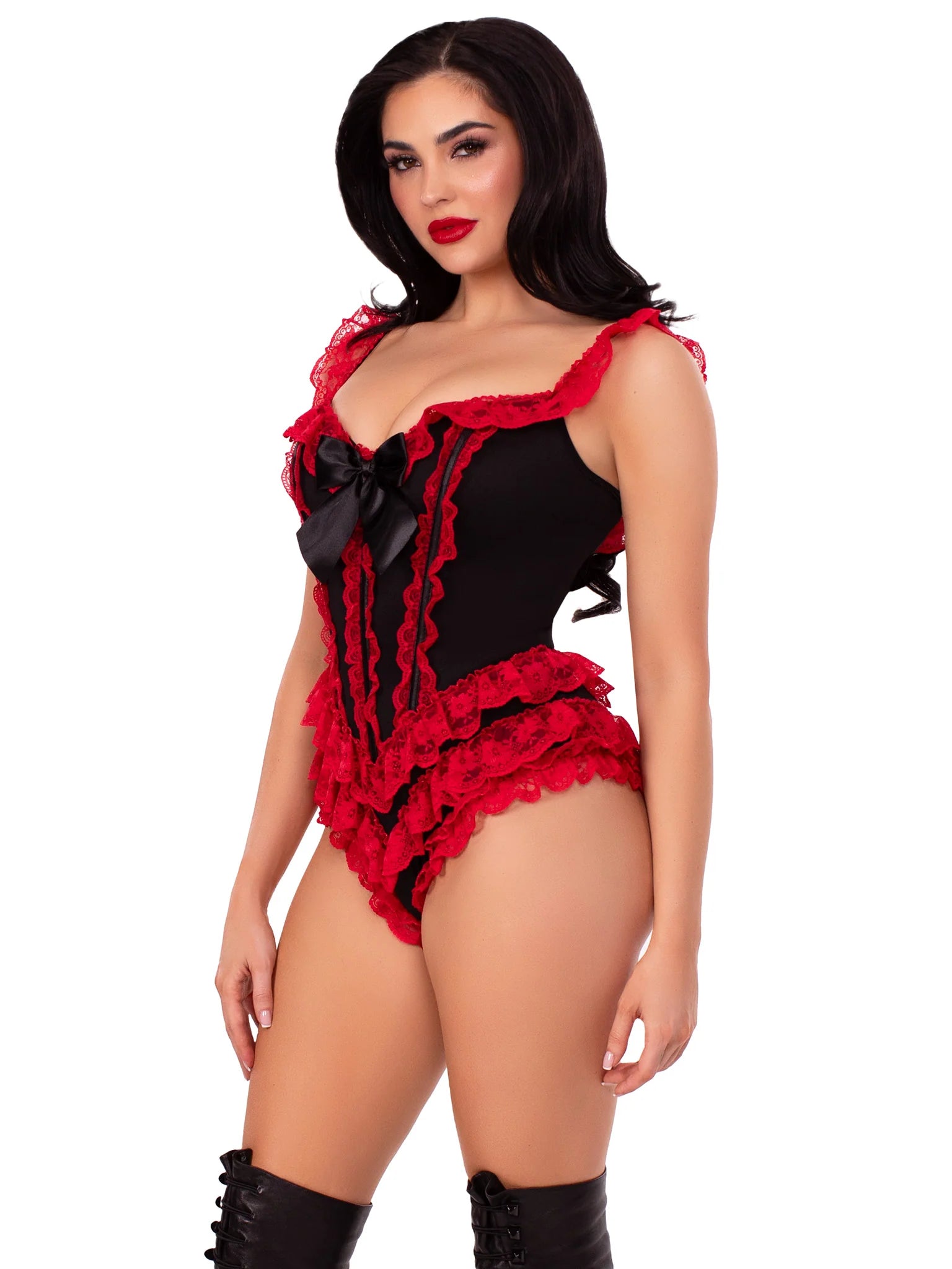 Ruffle Bodysuit with Boning Black-Red