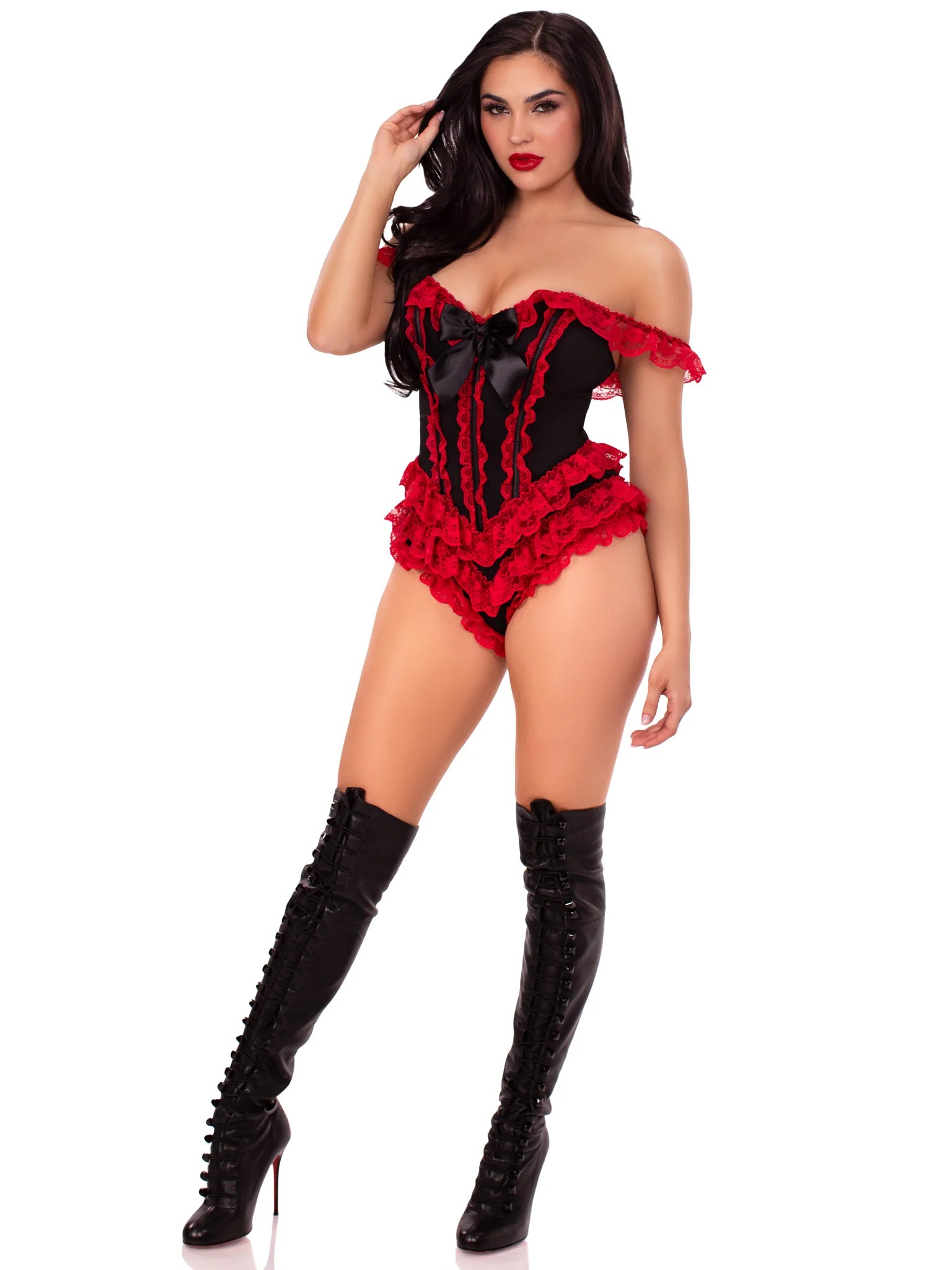 Ruffle Bodysuit with Boning Black-Red
