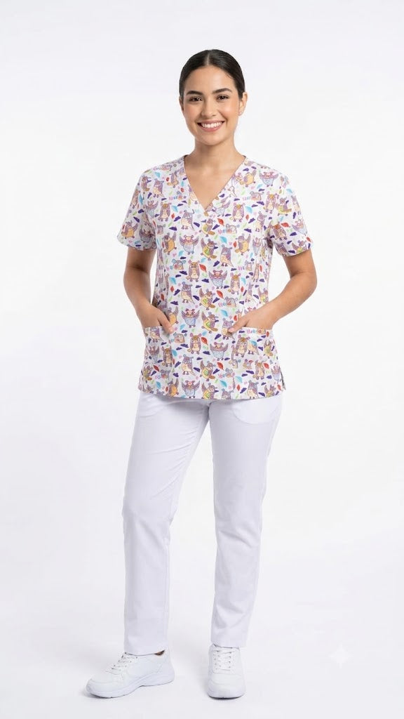 4 Pocket V Neck Stretch Printed Scrub Top Owl