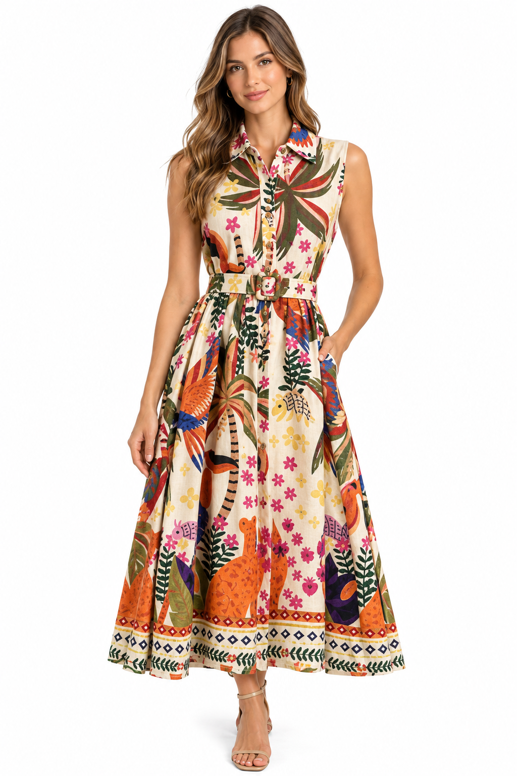 Sleeves Printed Cambric Button Down Belted Maxi Bird / Leopard