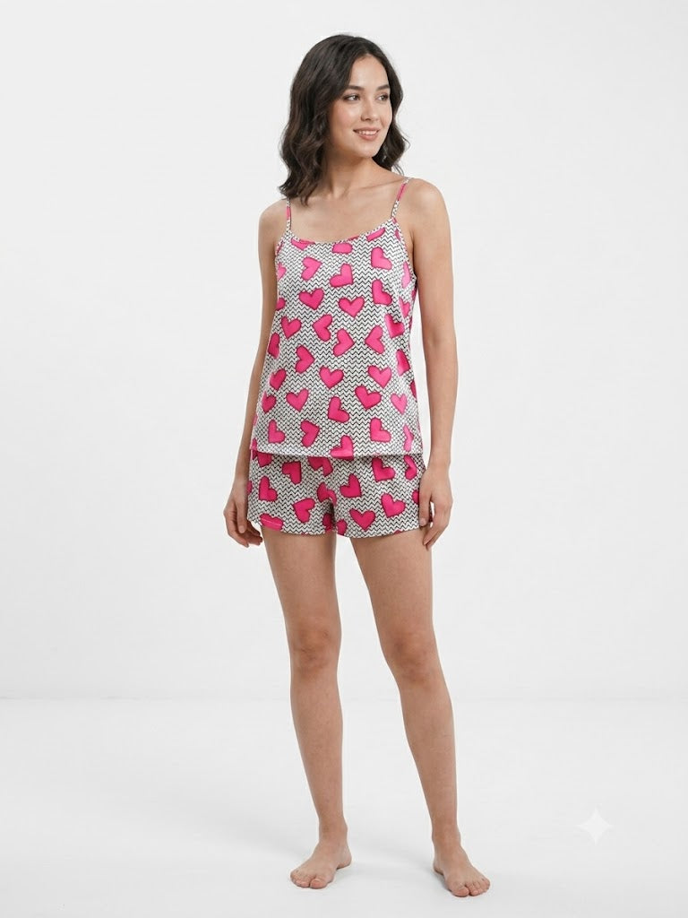 Ladies 2PC Satin Cami / Short PJ Set Hearts Pink