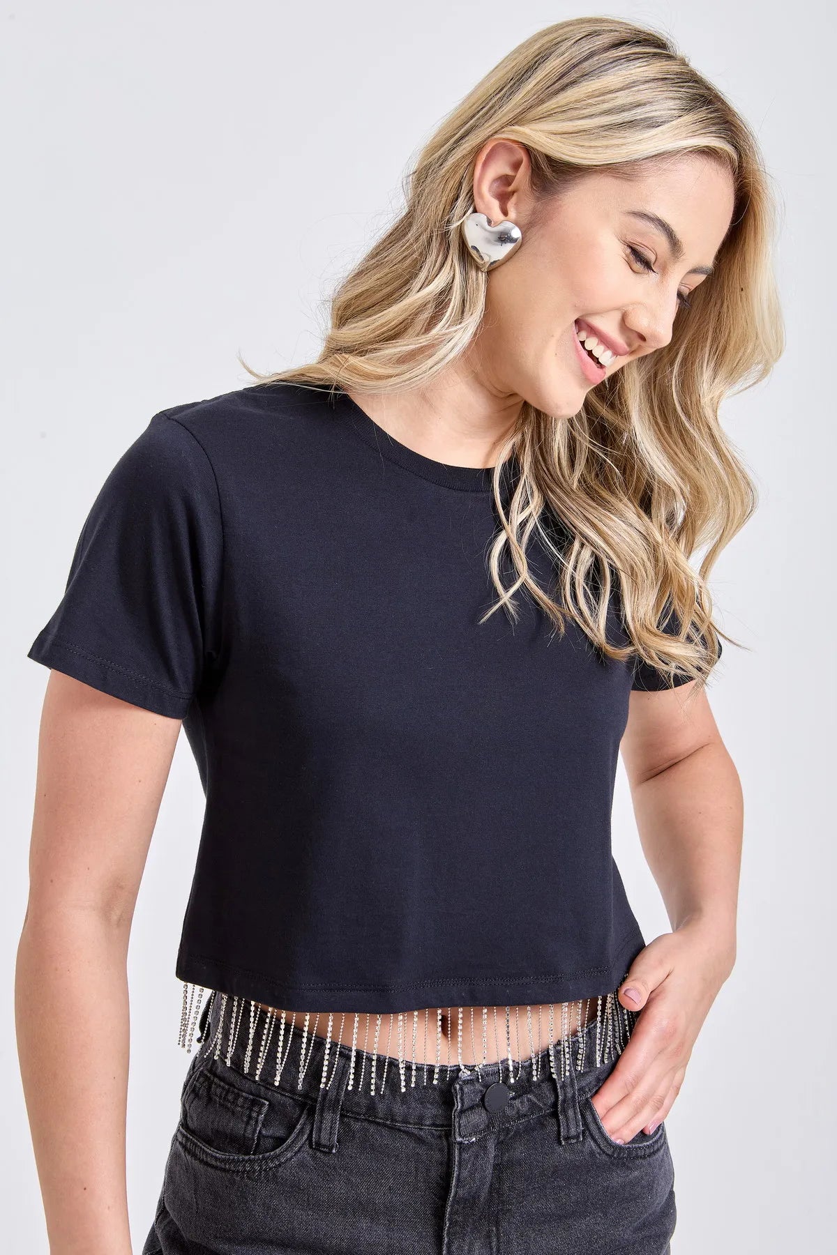 Cropped T-Shirt w/Rhinestone & Shop bead Black
