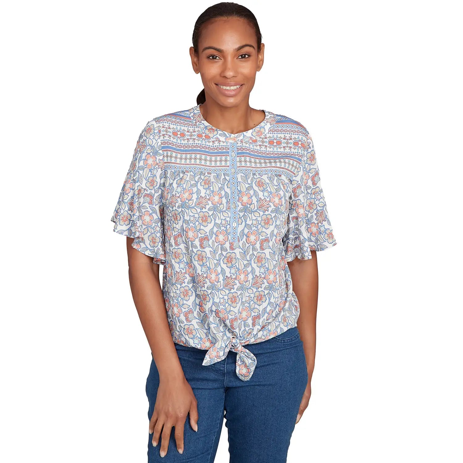 Vintage Floral Tie Front Henley Tee Blueberry - Ruby Rd